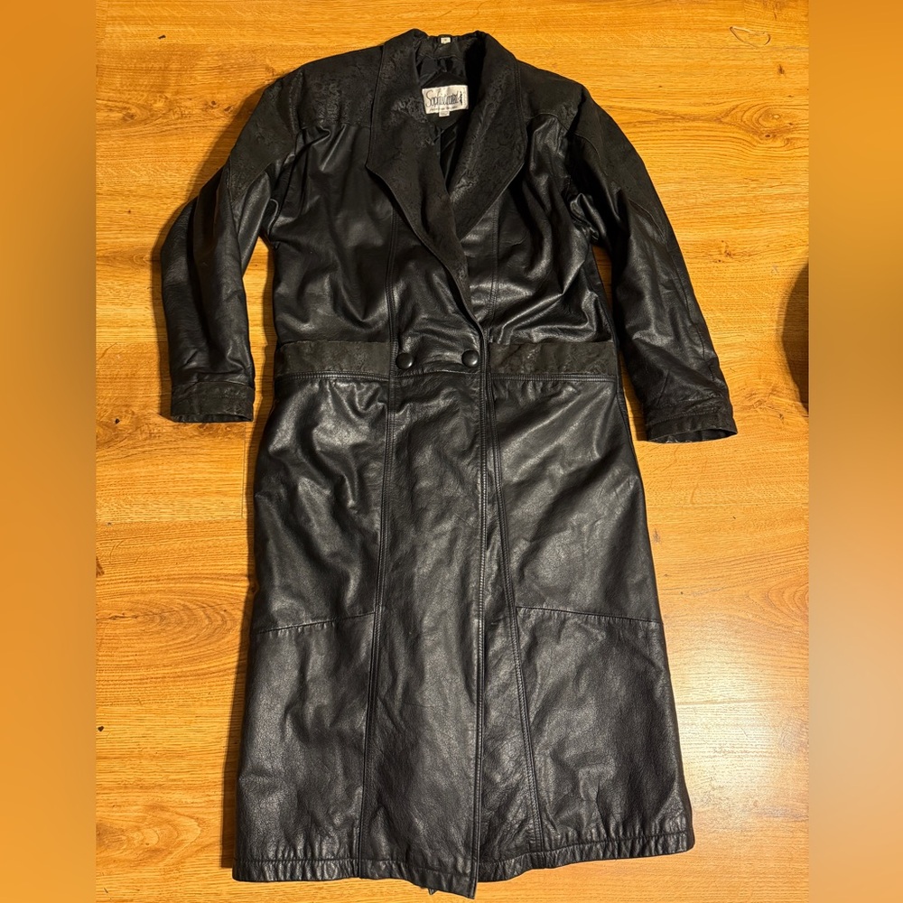 Vintage Sophisticated Talls Leather Trench Coat Jacket Black Womens Size Medium